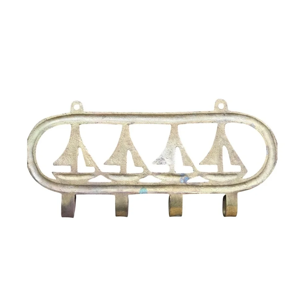 Key Hanger Wall Hooks 1970s Retro Solid Brass Sailboat Nautical Beach House Gold